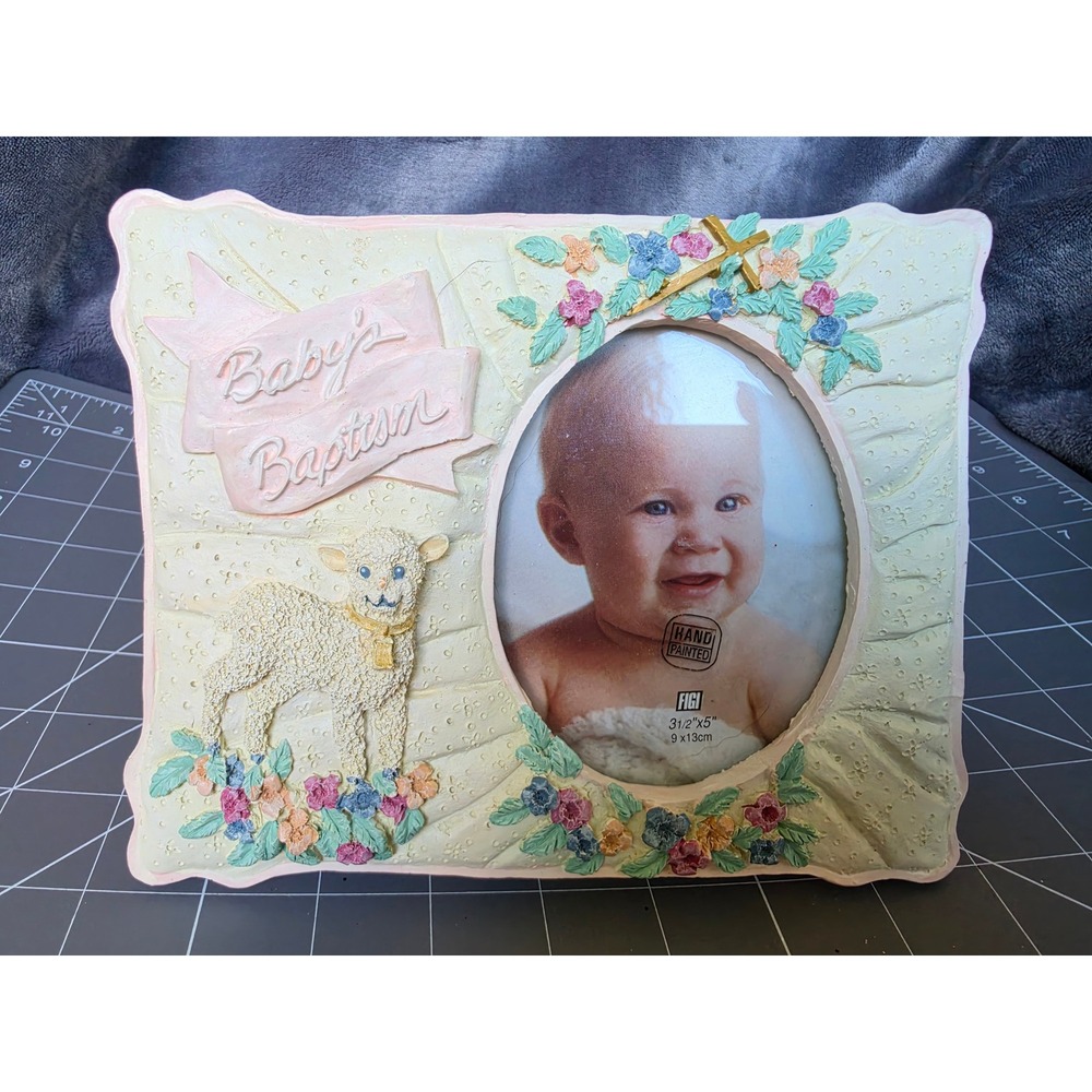 FIGI Baby's Baptism Picture Frame Hand Painted Lamb Cross Floral 3.5x5 Photo